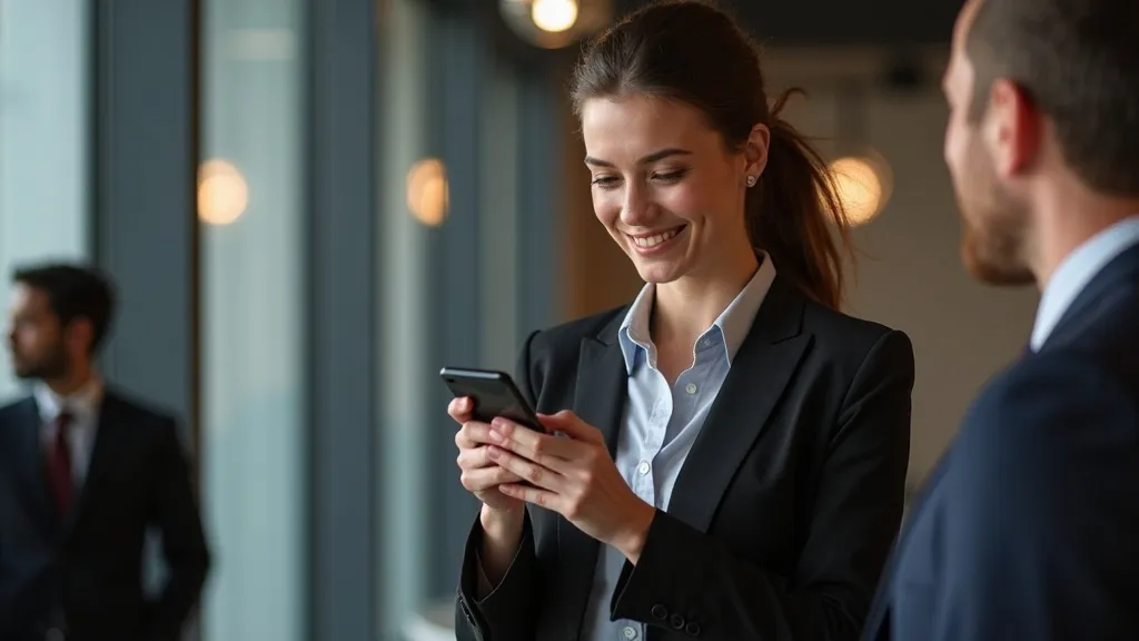Smiling user sharing her photo booth video on a smartphone