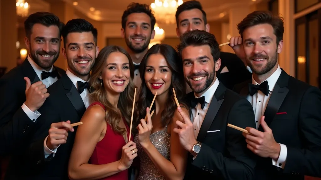 Office colleagues having fun at the photo booth during a team building event