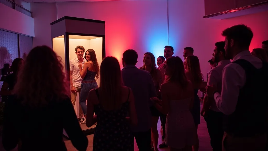 Dynamic party atmosphere around a photo booth in Longueuil