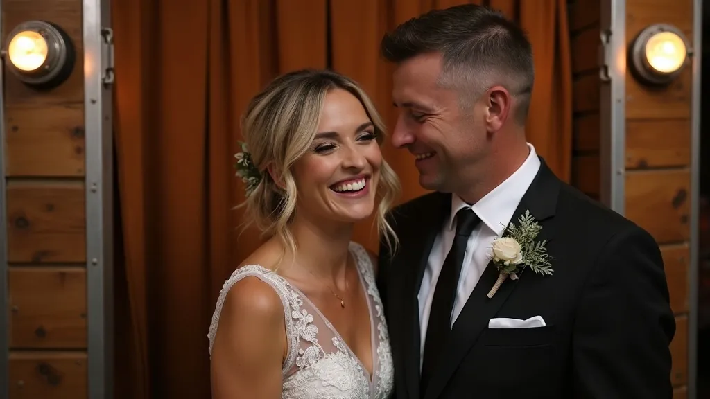 Happy newlyweds posing in front of a retro photo booth