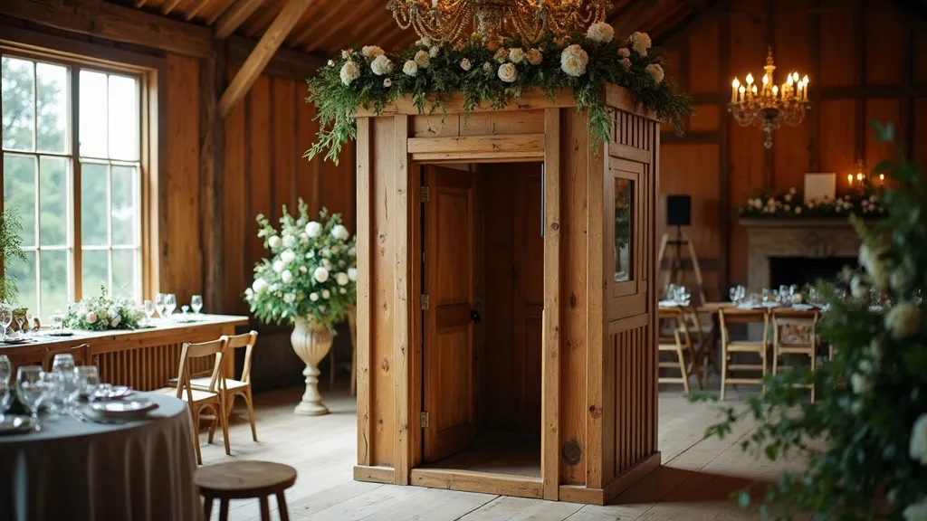 Wooden vintage photo booth in a rustic wedding barn in Quebec