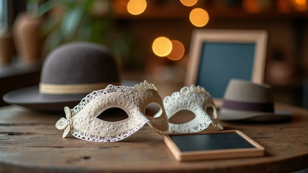 Vintage photo booth props: lace masks and retro hats